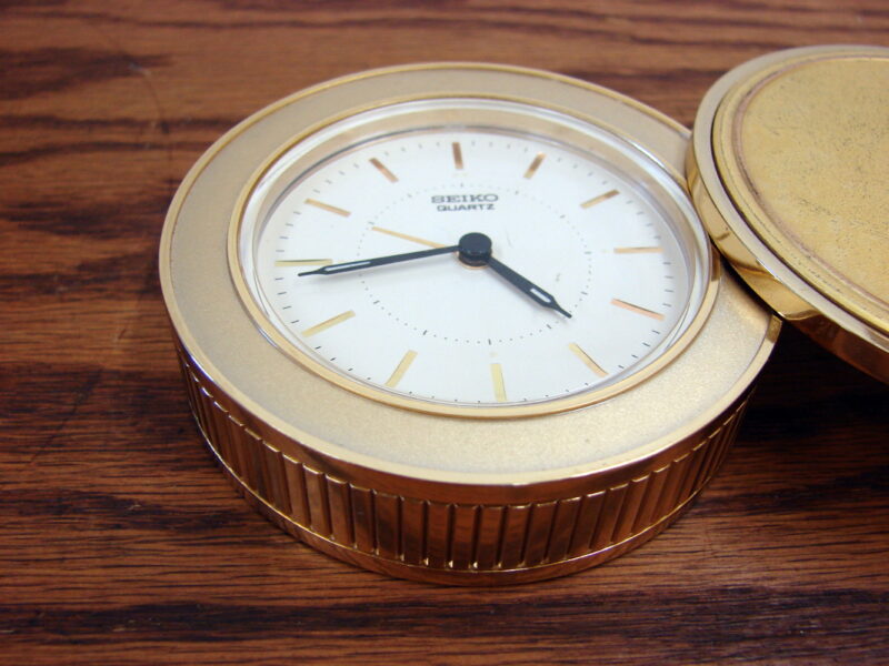 Vintage Brass Seiko Folding Travel Target Alarm Clock Coin Puck Shaped Japan, Moose-R-Us.Com Antiques Collectibles Log Cabin Decor