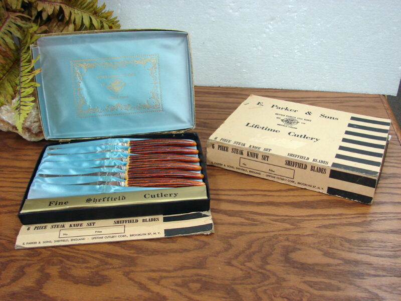 Set/2 Vintage Sheffield E. Parker &#038; Sons 6/12 Pc Antler Steak Knives in Sleeve and Box, Moose-R-Us.Com Antiques Collectibles Log Cabin Decor