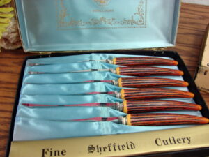Set/2 Vintage Sheffield E. Parker & Sons 6/12 Pc Antler Steak Knives in Sleeve and Box