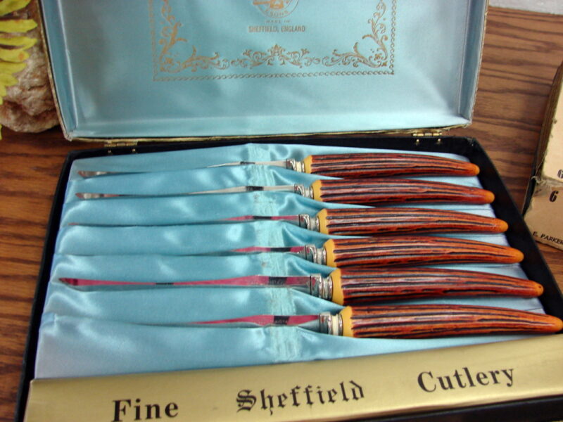 Set/2 Vintage Sheffield E. Parker &#038; Sons 6/12 Pc Antler Steak Knives in Sleeve and Box, Moose-R-Us.Com Antiques Collectibles Log Cabin Decor