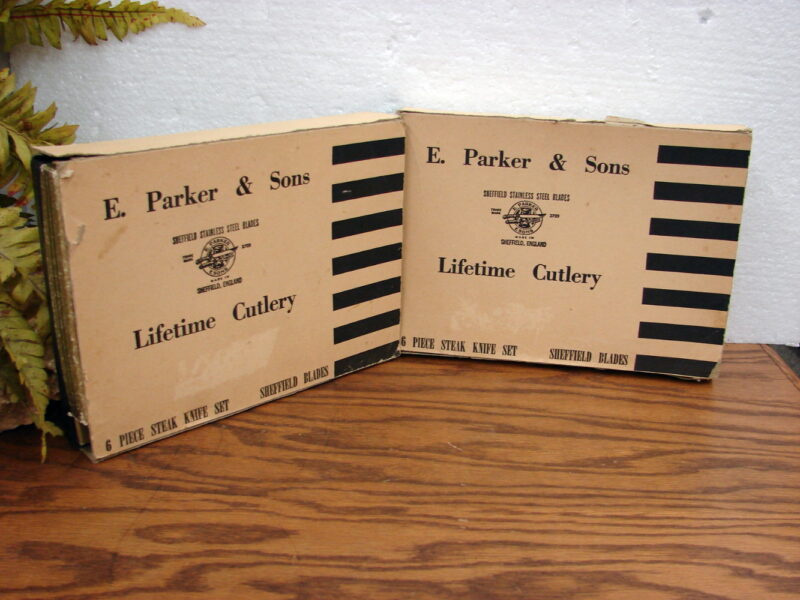 Set/2 Vintage Sheffield E. Parker &#038; Sons 6/12 Pc Antler Steak Knives in Sleeve and Box, Moose-R-Us.Com Antiques Collectibles Log Cabin Decor