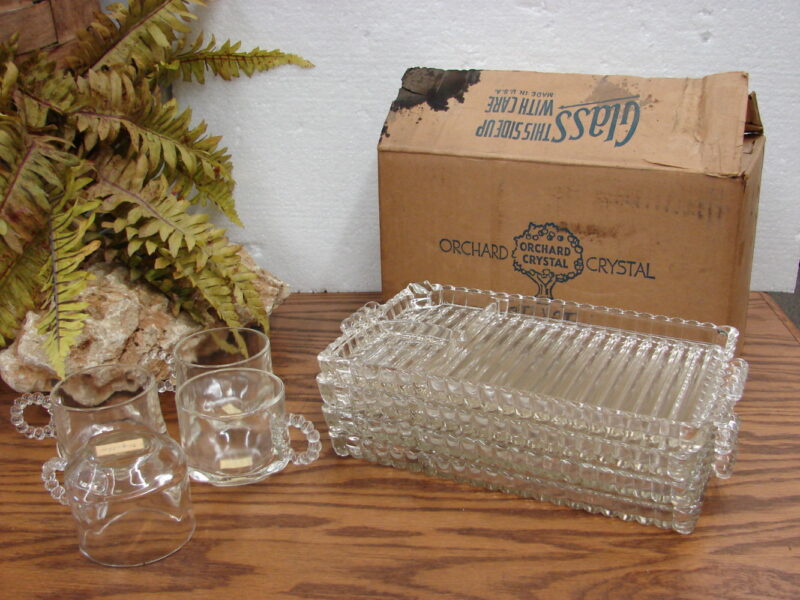 Original Box Vintage Hazel Atlas Orchard Crystal Sip Smoke Snack Party Set, Moose-R-Us.Com Antiques Collectibles Log Cabin Decor