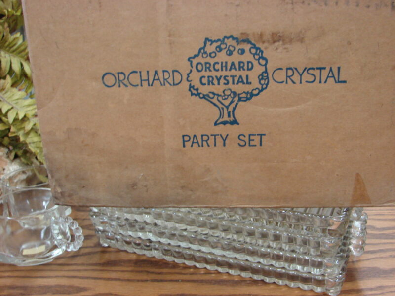 Original Box Vintage Hazel Atlas Orchard Crystal Sip Smoke Snack Party Set, Moose-R-Us.Com Antiques Collectibles Log Cabin Decor