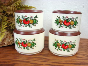 Vintage Kitchen Canister Set Purinton Fruit Slipware Pottery Rotating Lazy Susan, Moose-R-Us.Com Antiques Collectibles Log Cabin Decor
