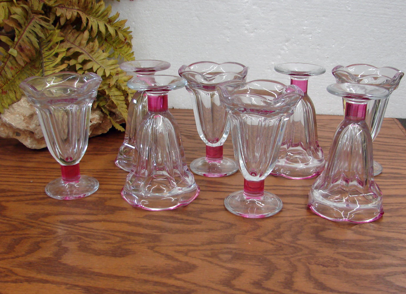 Vintage Style Ice Cream Sundae Dish Glasses Set/8 Pink Tint Banded