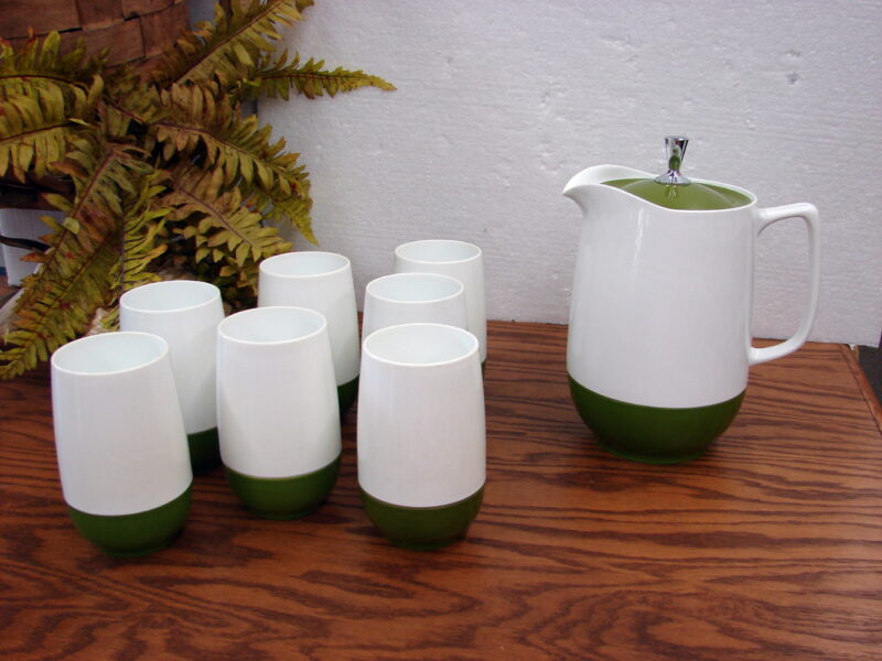 Set/8 Vintage Thermos Avocado Green/White Pitcher 7 Glasses MCM, Moose-R-Us.Com Antiques Collectibles Log Cabin Decor