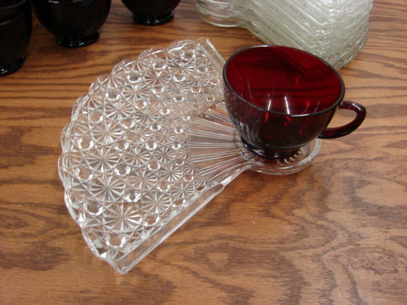 Vintage 16 pc Daisy Button Fan Anchor Hocking Ruby Red Glass Snack Set, Moose-R-Us.Com Antiques Collectibles Log Cabin Decor