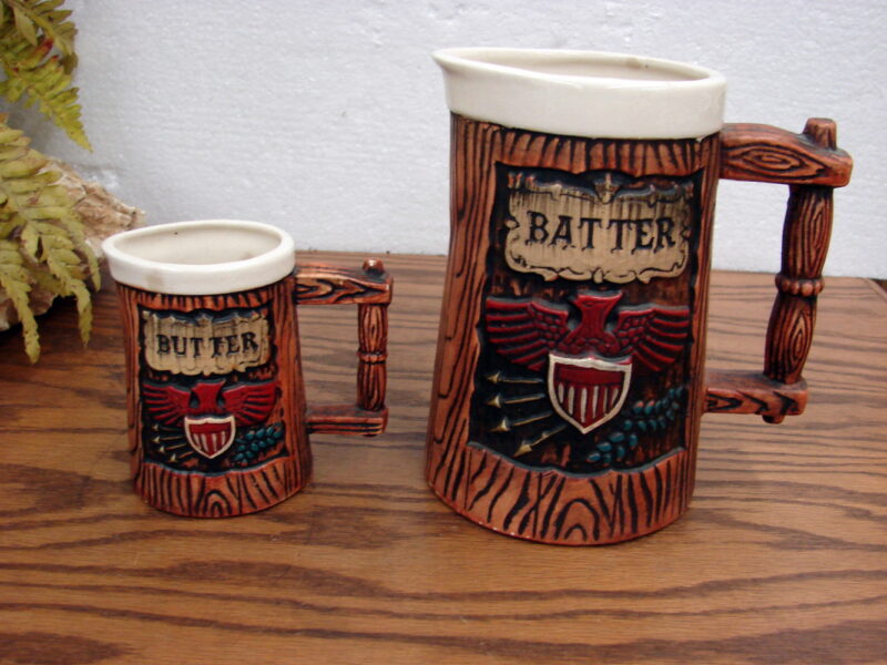 Vintage Napco Eagle Wood Look Barrel Batter Butter Pancake Waffle Pitchers, Moose-R-Us.Com Antiques Collectibles Log Cabin Decor