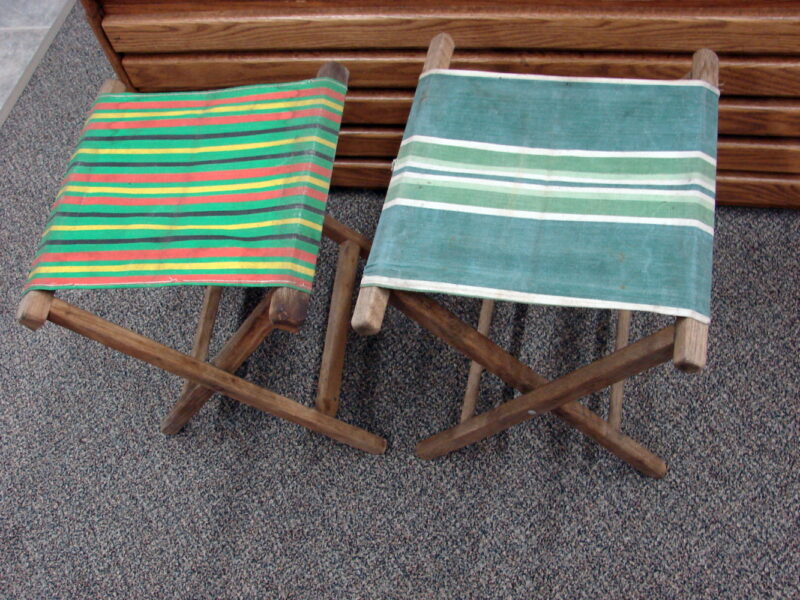 Set/2 Vintage Fold-up Canvas Camp Stool Retro Camping Folding Chair Green Tones, Moose-R-Us.Com Antiques Collectibles Log Cabin Decor