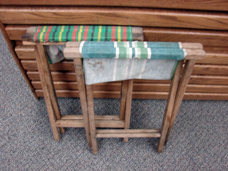 Set/2 Vintage Fold-up Canvas Camp Stool Retro Camping Folding Chair Green Tones, Moose-R-Us.Com Antiques Collectibles Log Cabin Decor