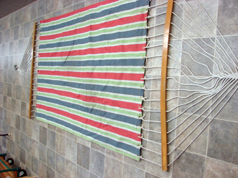 Vintage Retro Striped Canvas Hammock Includes Spreaders Chain Cabin Camp, Moose-R-Us.Com Antiques Collectibles Log Cabin Decor