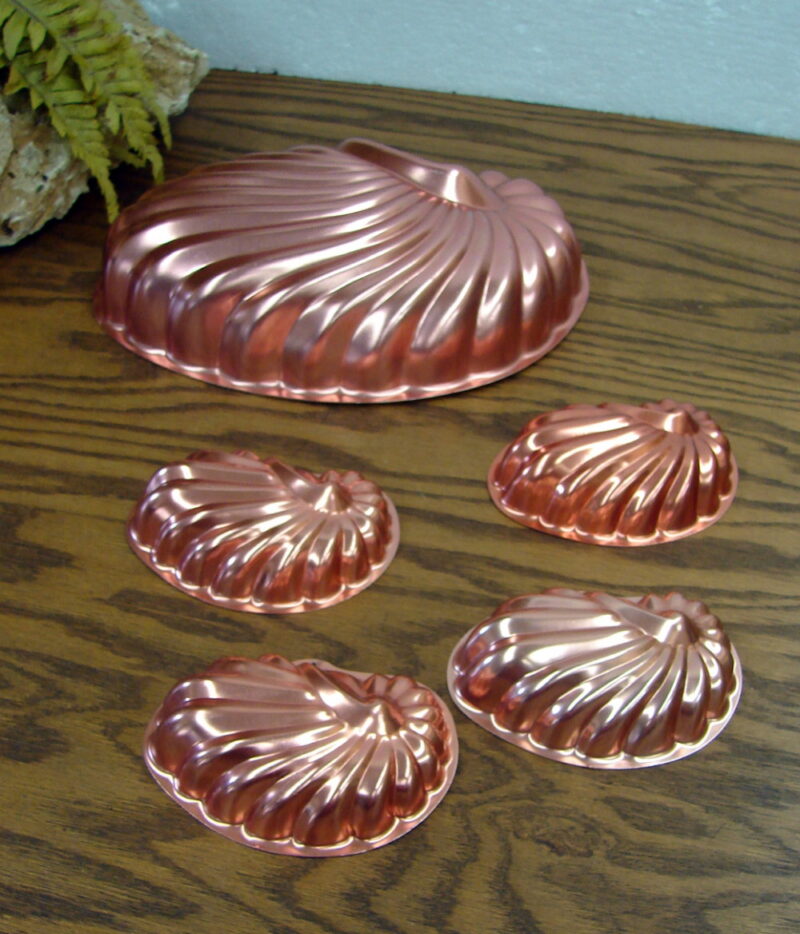 Vintage Copper Aluminum Nautilus Shell Gelatin Molds Large And 4 Small, Moose-R-Us.Com Antiques Collectibles Log Cabin Decor