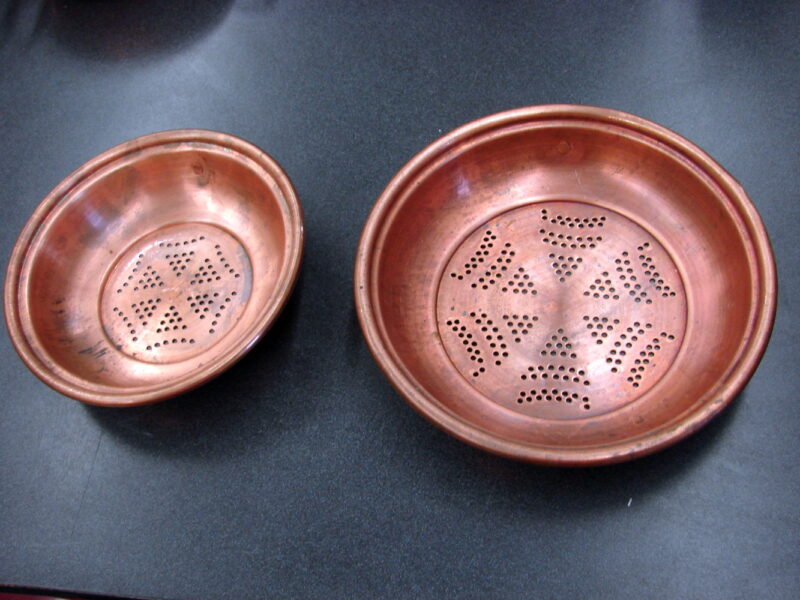 Set/2 Vintage Solid Copper Colander Sieve Strainer w/ Hanging Rings - Image 2