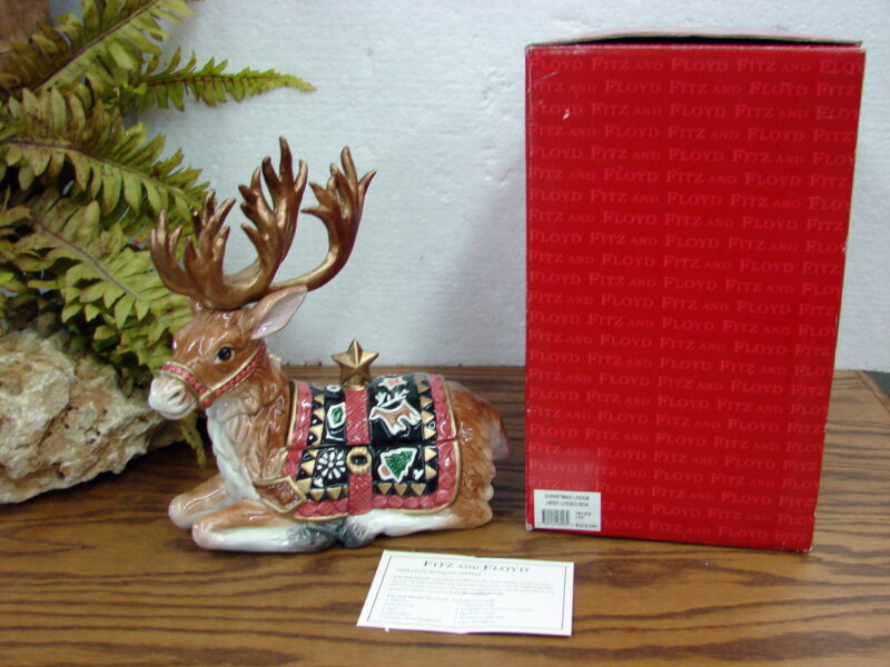Retired Fitz &#038; Floyd Christmas Lodge Reindeer Box New in Box, Moose-R-Us.Com Antiques Collectibles Log Cabin Decor