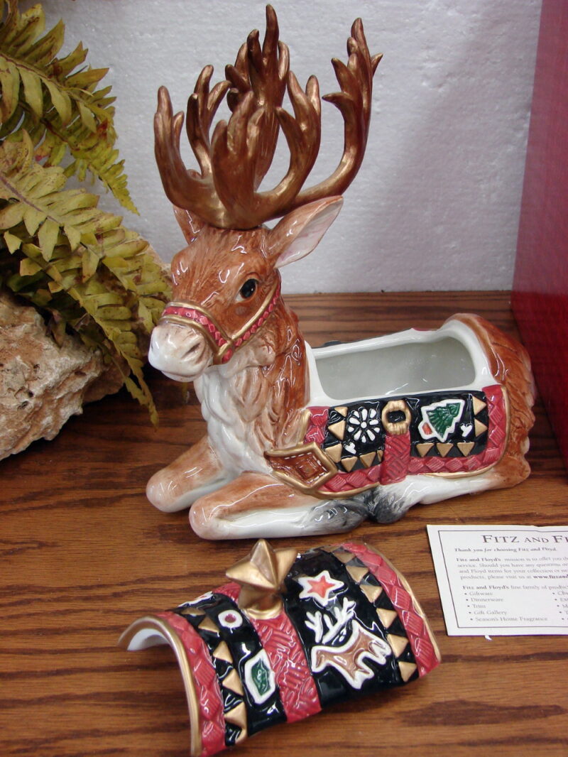 Retired Fitz &#038; Floyd Christmas Lodge Reindeer Box New in Box, Moose-R-Us.Com Antiques Collectibles Log Cabin Decor