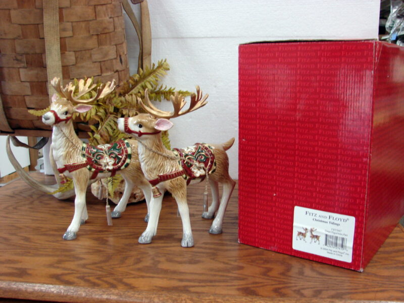 Retired Fitz &#038; Floyd Set/2 12&#8243; Christmas Tidings Reindeer Pair New in Box, Moose-R-Us.Com Antiques Collectibles Log Cabin Decor