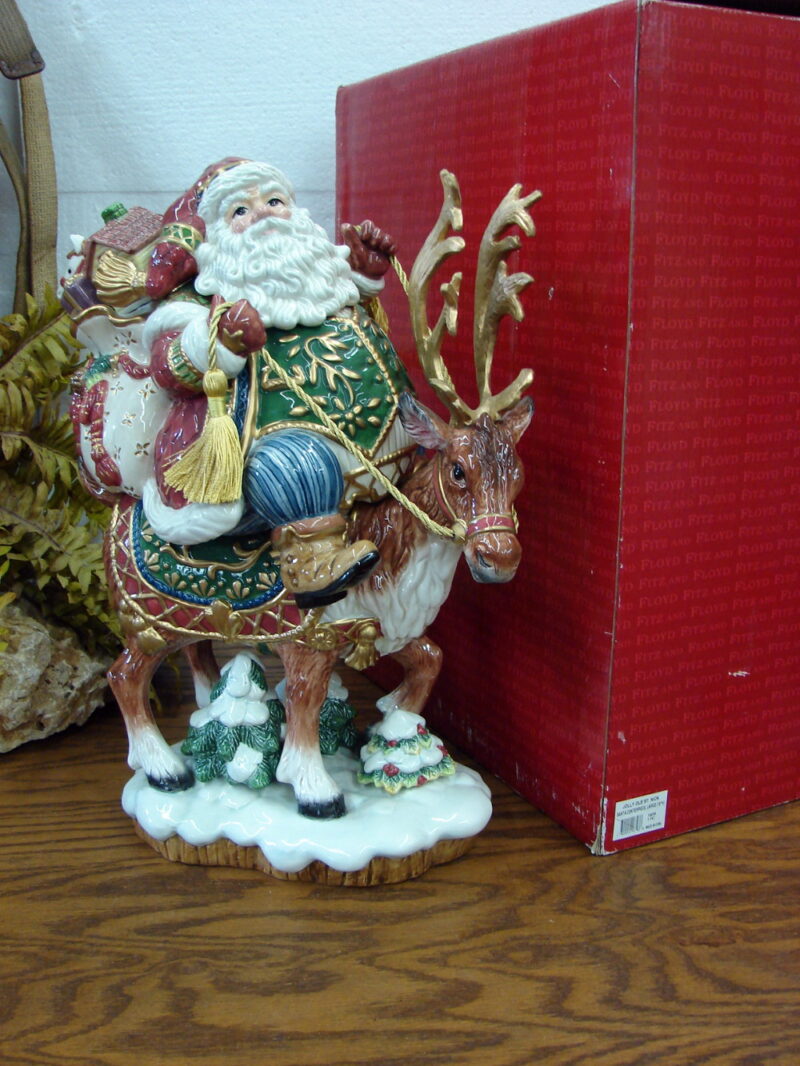 Retired Fitz &#038; Floyd Jolly Ole St. Nick Figurine Santa &#038; Reindeer New in Box, Moose-R-Us.Com Antiques Collectibles Log Cabin Decor