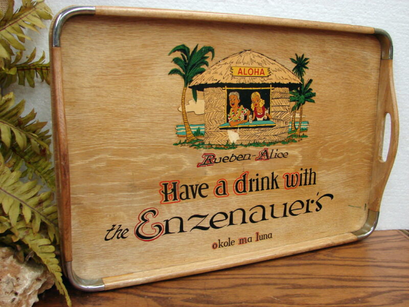 Vintage MCM Hand Painted Wood Serving Tray Tiki Aloha Hawaii Tropical, Moose-R-Us.Com Antiques Collectibles Log Cabin Decor