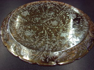 Vintage Jeanette Glass Iridescent Marigold Peach Luster Louisa Platter 14"