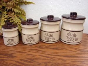 Vintage Kitchen Canister Set Purinton Fruit Slipware Pottery Rotating Lazy Susan, Moose-R-Us.Com Antiques Collectibles Log Cabin Decor