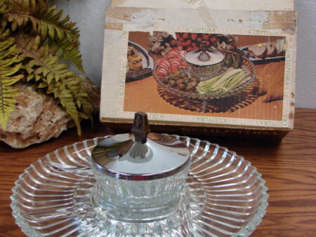 4 pc Vintage Sculptura Kromex Chrome Glass Hors d'oeuvres Lazy Susan in Original Box