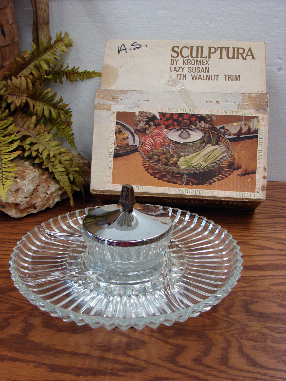 4 pc Vintage Sculptura Kromex Chrome Glass Hors d'oeuvres Lazy Susan in Original Box