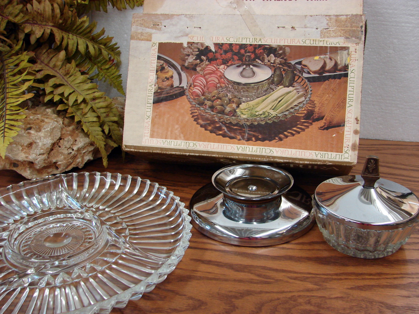 4 pc Vintage Sculptura Kromex Chrome Glass Hors d'oeuvres Lazy Susan in Original Box - Image 2