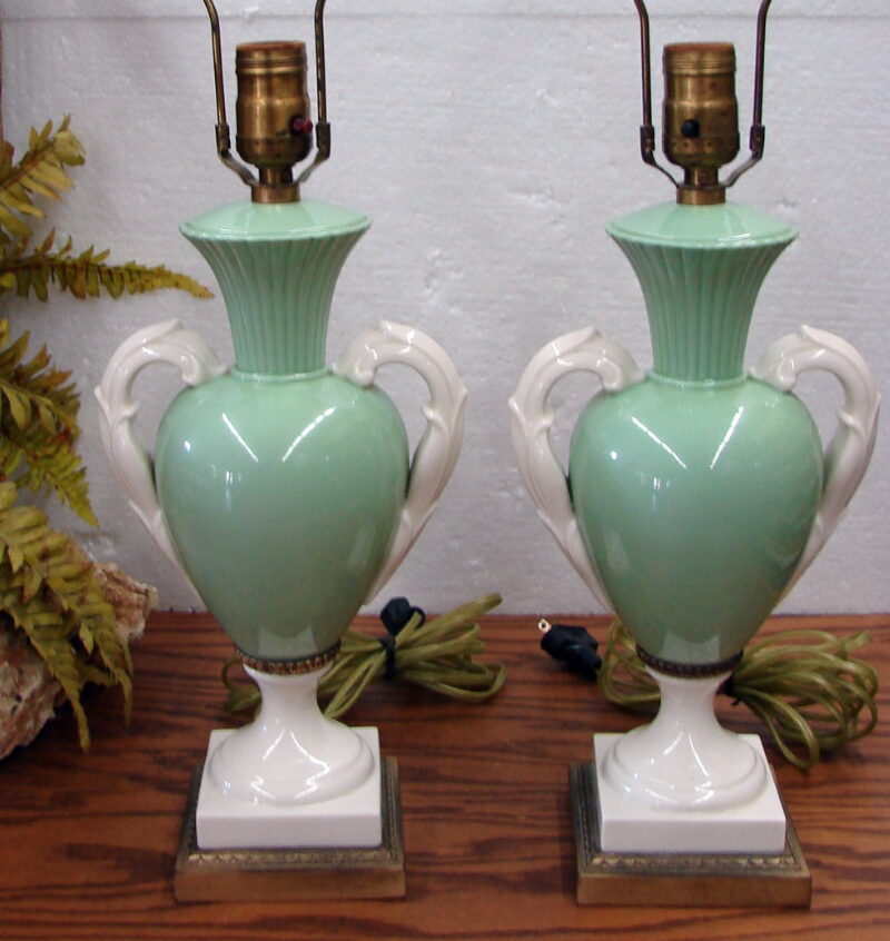 Set/2 Vintage 1930&#8217;s Lenox China Table Lamp Green/White Grecian Urn, Moose-R-Us.Com Antiques Collectibles Log Cabin Decor