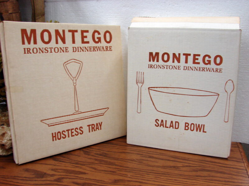 Vintage MCM Montego Pottery Salad Bowl Set Tidbit Tray Original Boxes, Moose-R-Us.Com Antiques Collectibles Log Cabin Decor