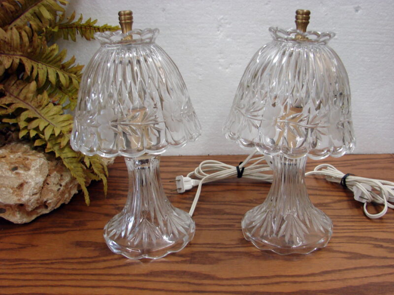 Set/2 Vintage Princess House Etched Lead Crystal Floral Boudoir Table Lamps, Moose-R-Us.Com Antiques Collectibles Log Cabin Decor