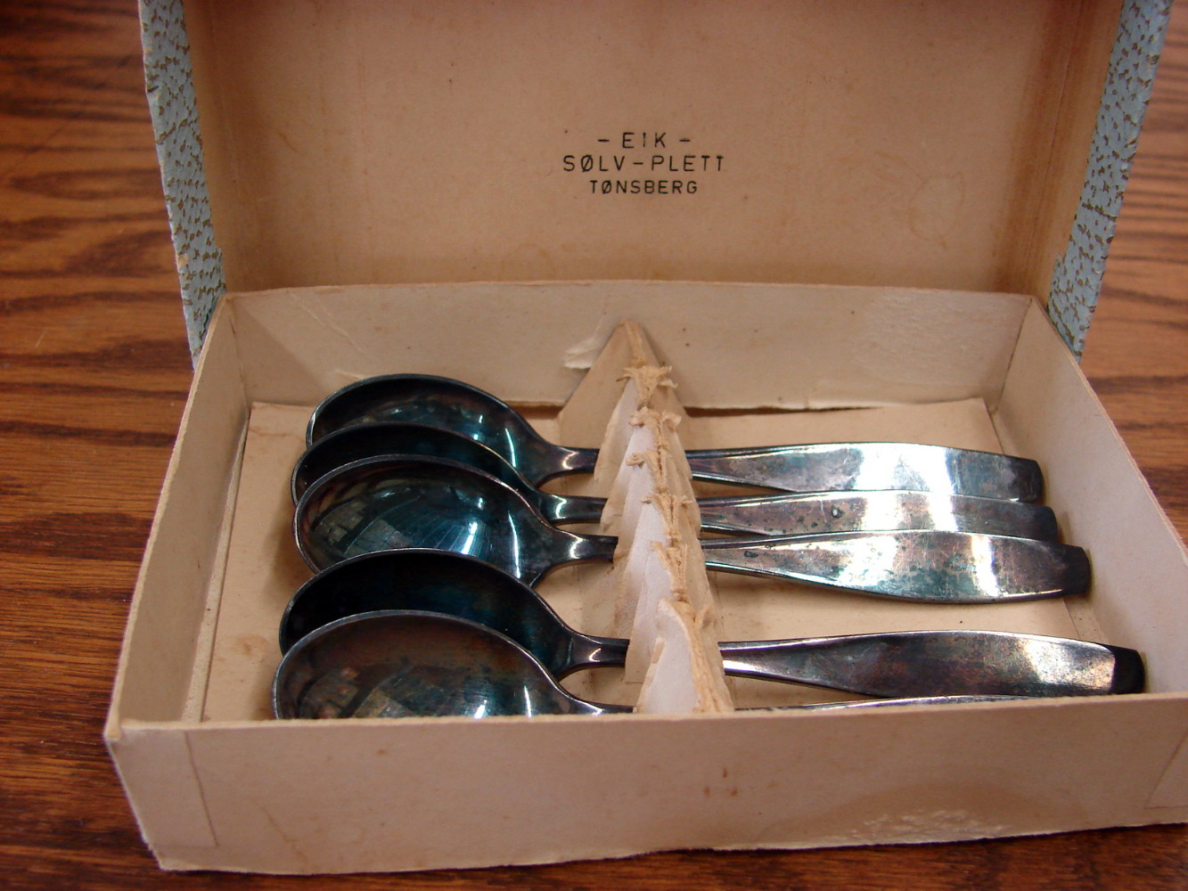 Vintage Eik Solv Plett 60 Tonsberg Norge Scandinavian Silver Plate Spoons Original Box