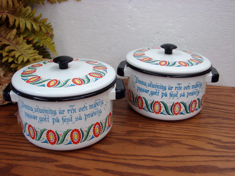 Set/2 Vintage Swedish Berggren Enamelware Bean Pot Canister Rosemaling Folk Art, Moose-R-Us.Com Antiques Collectibles Log Cabin Decor