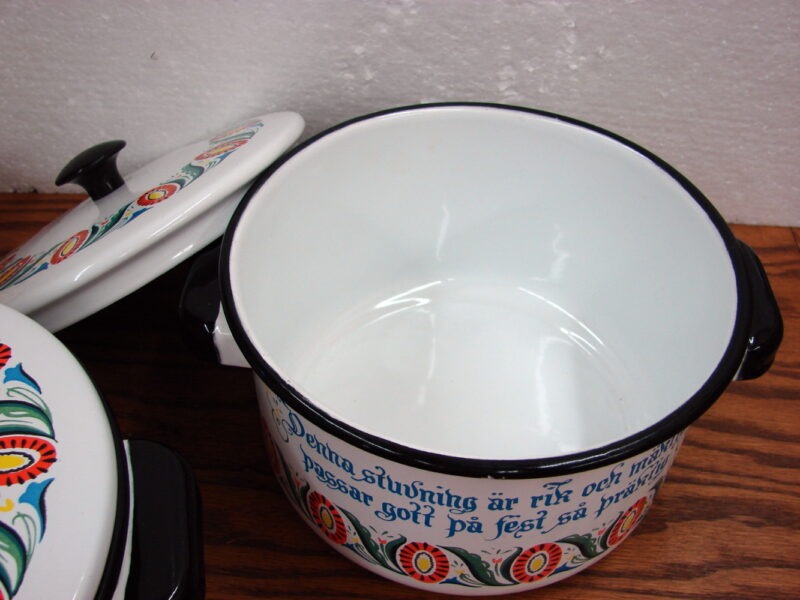 Set/2 Vintage Swedish Berggren Enamelware Bean Pot Canister Rosemaling Folk Art, Moose-R-Us.Com Antiques Collectibles Log Cabin Decor