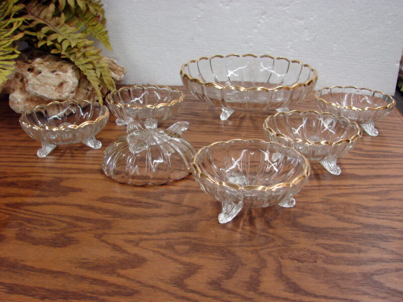 7 pc Victorian Curved 3 Footed Crystal Gold Trim Berry Desert Set Bowls, Moose-R-Us.Com Antiques Collectibles Log Cabin Decor