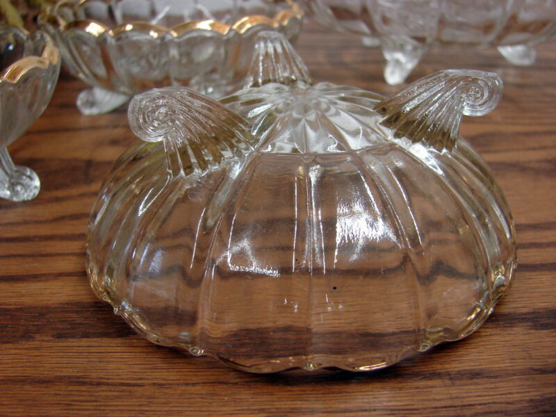 7 pc Victorian Curved 3 Footed Crystal Gold Trim Berry Desert Set Bowls, Moose-R-Us.Com Antiques Collectibles Log Cabin Decor