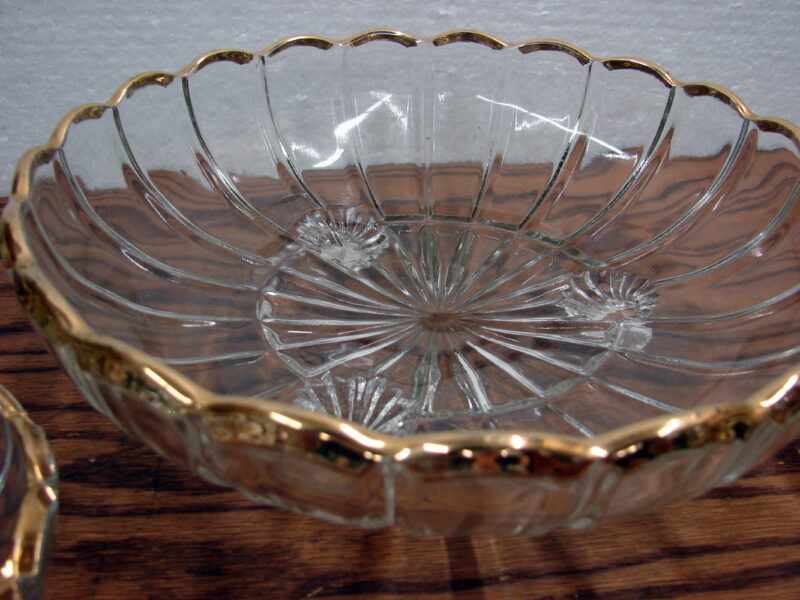 7 pc Victorian Curved 3 Footed Crystal Gold Trim Berry Desert Set Bowls, Moose-R-Us.Com Antiques Collectibles Log Cabin Decor