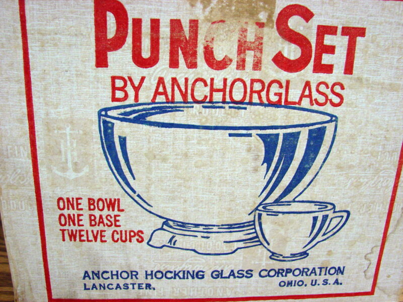 Vintage Anchor Hocking White Grape Leaves Crystal Punch Bowl 14 pc Set Box, Moose-R-Us.Com Antiques Collectibles Log Cabin Decor