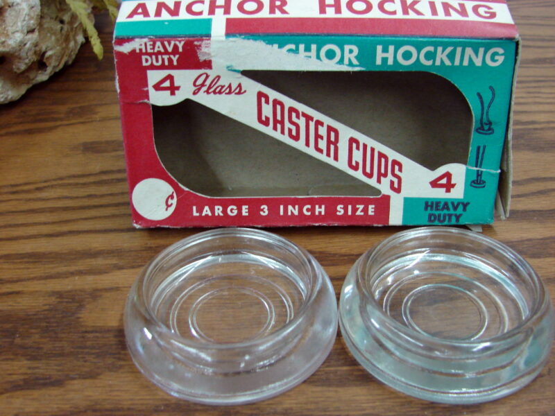 Vintage Anchor Hocking Set/2 Furniture Leg Caster Coaster Cups Original Box, Moose-R-Us.Com Antiques Collectibles Log Cabin Decor
