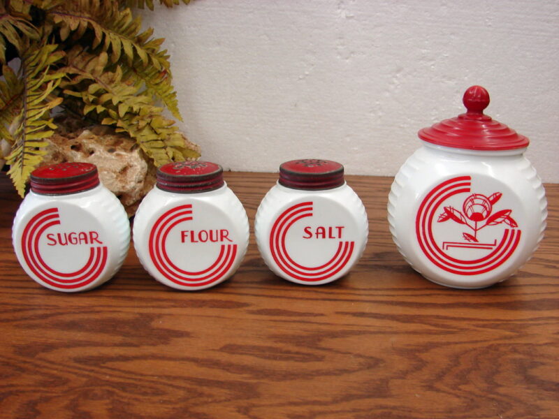 Choice of Vintage Anchor Hocking Milk Glass Vitrock Red Circle Hoosier Accessories, Moose-R-Us.Com Antiques Collectibles Log Cabin Decor