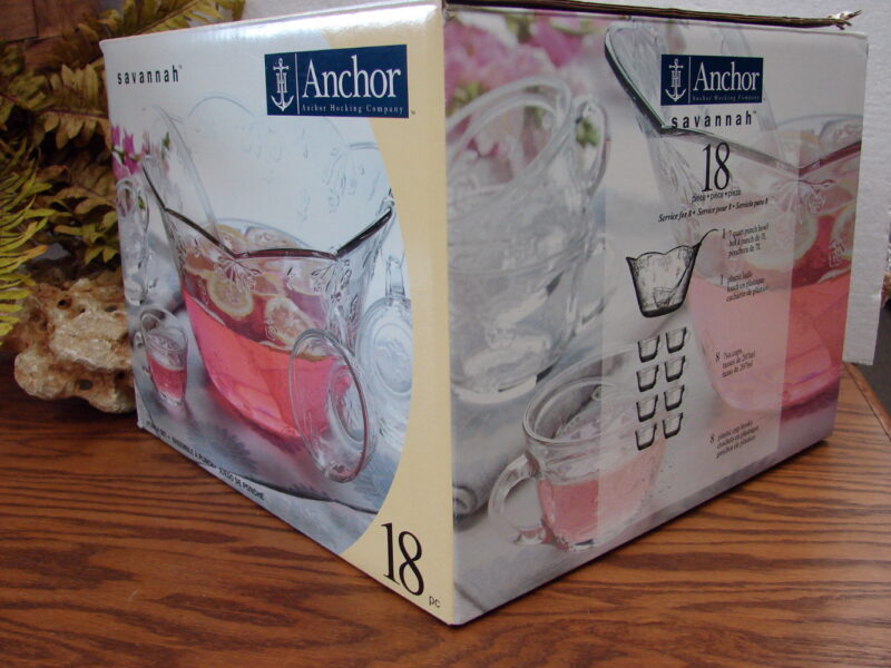 Brand New Anchor Hocking Savannah Crystal Punch Bowl 18 pc Set, Moose-R-Us.Com Antiques Collectibles Log Cabin Decor