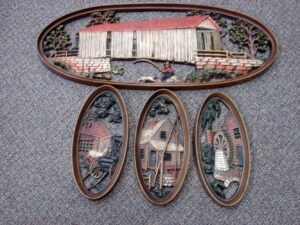 Vintage 1965 Oval Burwood Covered Bridge Fishing Farm 4 Pc Wall Hanging