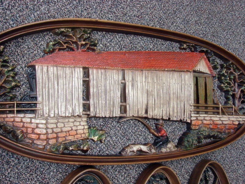 Vintage 1965 Oval Burwood Covered Bridge Fishing Farm 4 Pc Wall Hanging, Moose-R-Us.Com Antiques Collectibles Log Cabin Decor