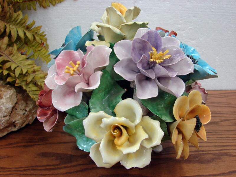 Vintage Capodimonte Italy Porcelain Flowers Basket Centerpiece Large, Moose-R-Us.Com Antiques Collectibles Log Cabin Decor