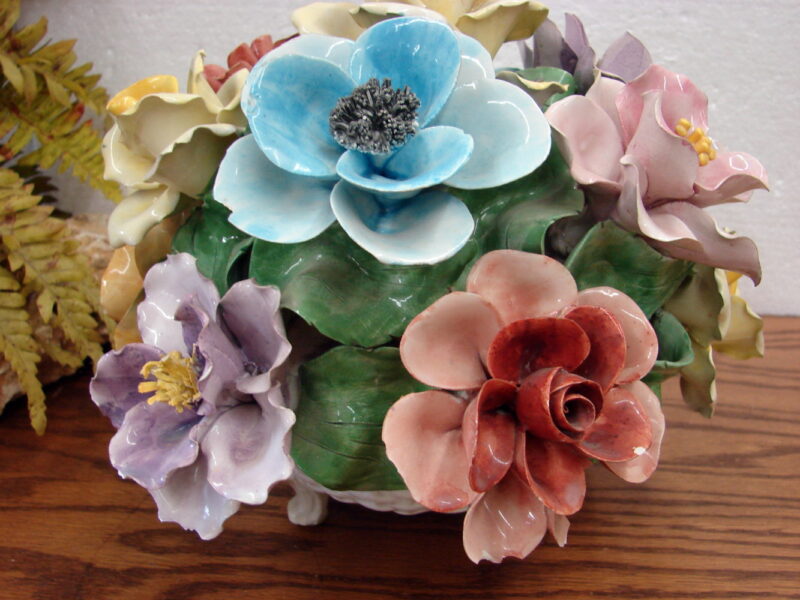Vintage Capodimonte Italy Porcelain Flowers Basket Centerpiece Large, Moose-R-Us.Com Antiques Collectibles Log Cabin Decor
