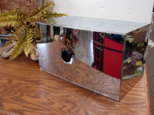 Vintage MCM Chrome Aluminum Bread Box Large Black Round Knob