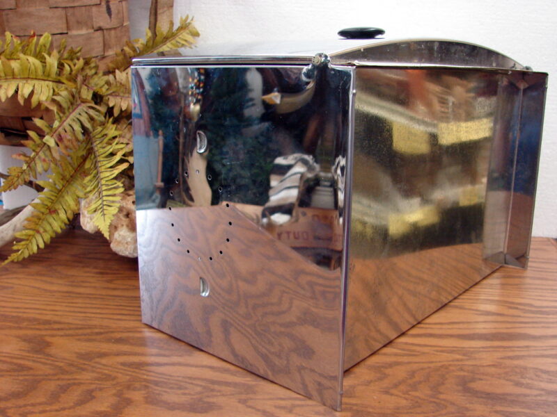 Vintage MCM Chrome Aluminum Bread Box Large Black Round Knob, Moose-R-Us.Com Antiques Collectibles Log Cabin Decor