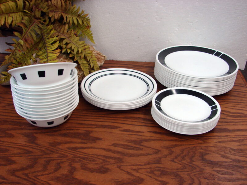 Corning Ware Urban Black Corelle Dinnerware 48 Piece Plates Bowls, Moose-R-Us.Com Antiques Collectibles Log Cabin Decor