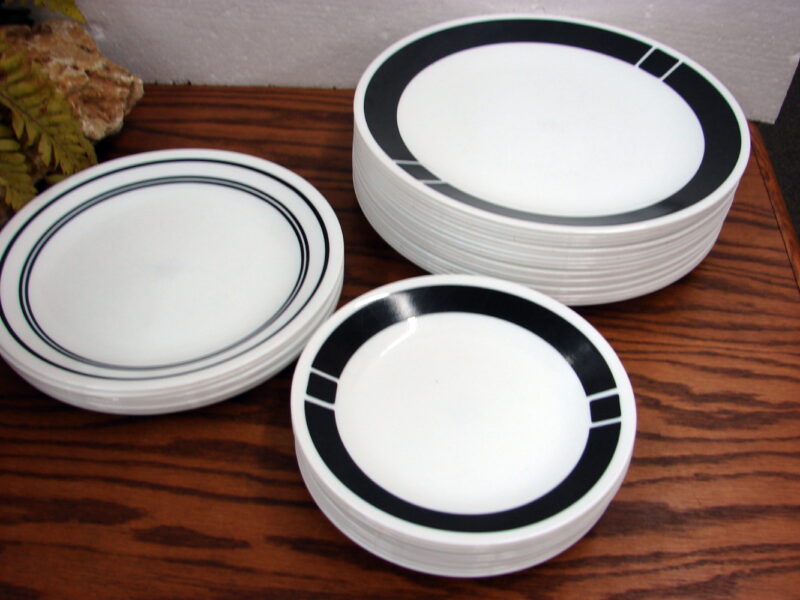 Corning Ware Urban Black Corelle Dinnerware 48 Piece Plates Bowls, Moose-R-Us.Com Antiques Collectibles Log Cabin Decor
