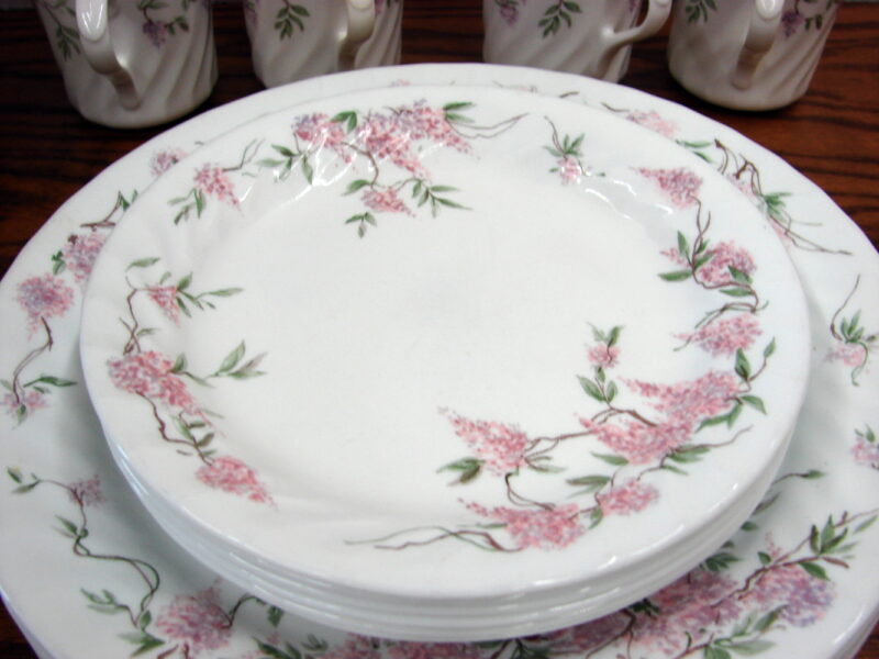 22 pc Corelle Dinnerware Wisteria Pattern Lunch Dinner Plates Cups, Moose-R-Us.Com Antiques Collectibles Log Cabin Decor