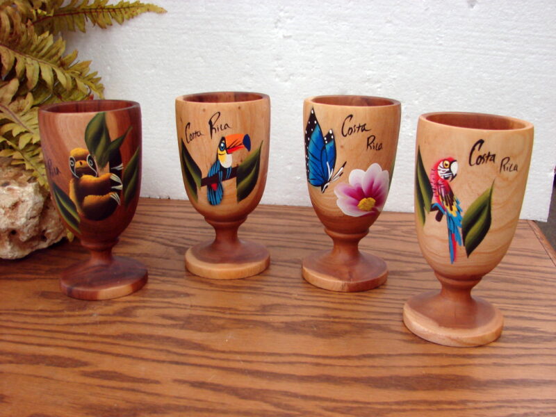 Set/4 Souvenir Vintage Mahogany Wood Hand Painted Chalice Cup Costa Rica, Moose-R-Us.Com Antiques Collectibles Log Cabin Decor